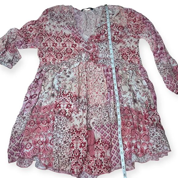 Zara Boho Patchwork Floral Dress Pink Red Long Sleeve Tassel Tie Mini Sz Small - Picture 11 of 12